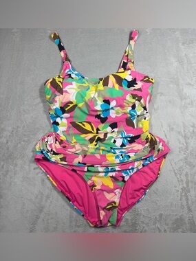 Anne Cole Shirred Floral Lingerie Maillot Pink Green One Piece Swimsuit Size 22W